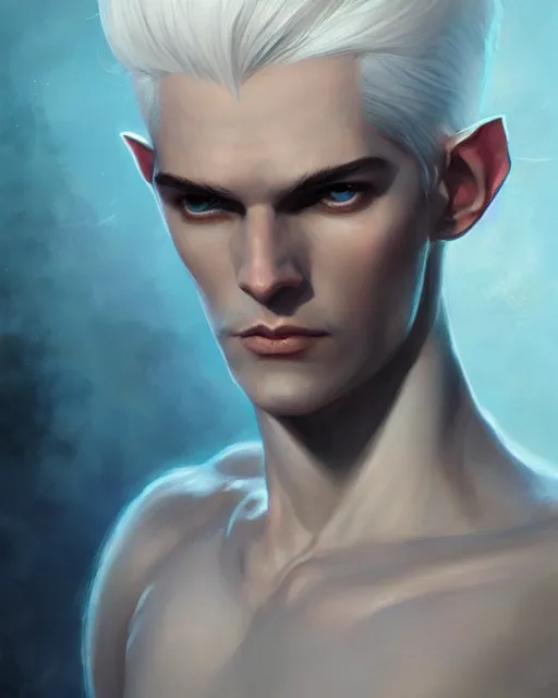 Image similar to character portrait of a slender young half elven man with white hair, piercing bright blue eyes, and pale blue skin, by greg rutkowski, mark brookes, jim burns, tom bagshaw, trending on artstation