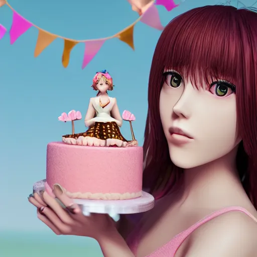 Image similar to Render of a beautiful 3d anime woman holding a birthday cake out to the camera, long light pink hair, full bangs, hazel eyes, cute freckles, full round face, soft smile, Chinese heritage, cute checkerboard sundress, golden hour, serene beach setting, medium shot, mid-shot, hyperdetailed, trending on Artstation, Unreal Engine 4k