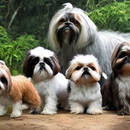 Prompt: A Herd of Shih Tzu in Jurrasic Park, Dinosaurs, Multiple Animals, Fangs