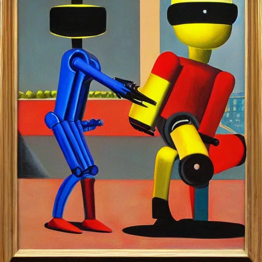 Image similar to robot tug of war, dystopian, pj crook, edward hopper, oil on canvas