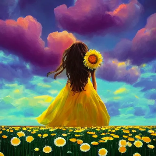 Image similar to head made of giant daisies, girl standing in a vast flower field, holding flowers, surreal photography, sunrise dramatic light, impressionist painting, colorful clouds, large sky, digital painting, artstation, simon stalenhag, flower face