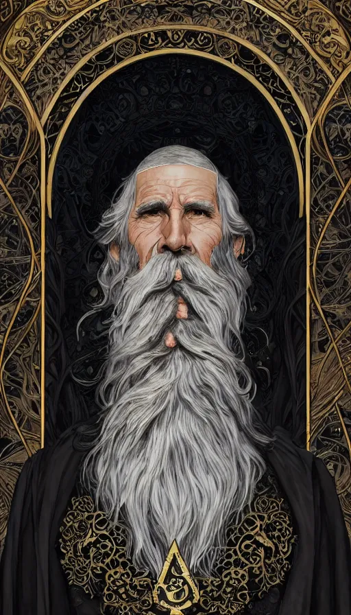 Image similar to one old man with white beard wore a black cloak, a black cloak and a white beard, highly detailed, very intricate, art nouveau, gold filigree, left right symmetry, tarot concept art watercolor illustration by mandy jurgens and alphonse mucha and alena aenami, featured on artstation