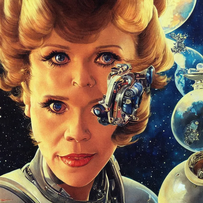 Prompt: close - up portrait of retrofuturistic jane fonda in space. reflective detailed textures. soft gloomy dark background. highly detailed fantasy science fiction painting by moebius, norman rockwell, frank frazetta, and syd mead. rich colors, high contrast. artstation