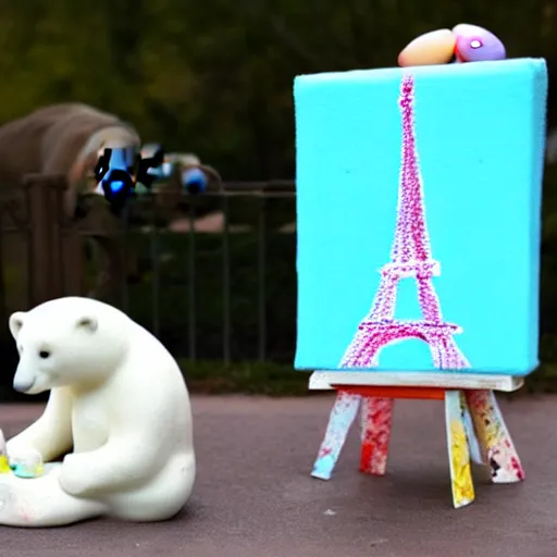 Image similar to A polar bear painting easter eggs in front of the Eiffel Tower