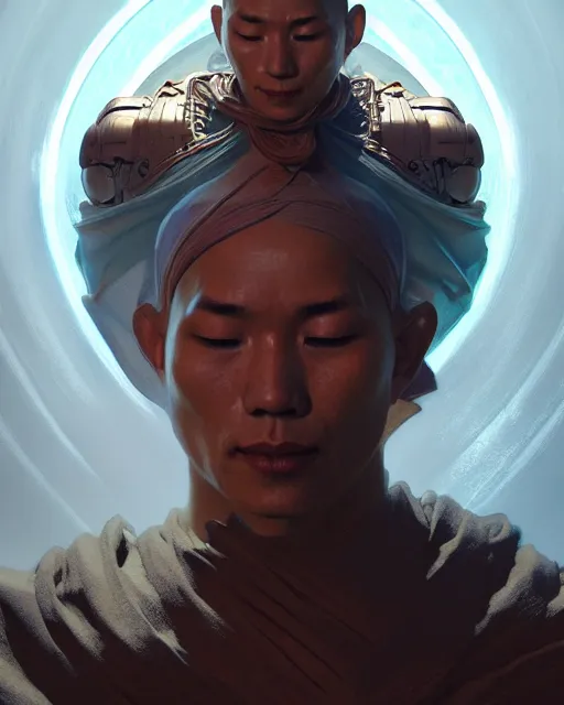 Image similar to a cyborg warrior monk meditating, wearing a flowing cloak, cyborg hardware, 3 d render, octane, zbrush, painting, artstation, concept art, smooth, sharp focus, illustration, art by artgerm and greg rutkowski and alphonse mucha