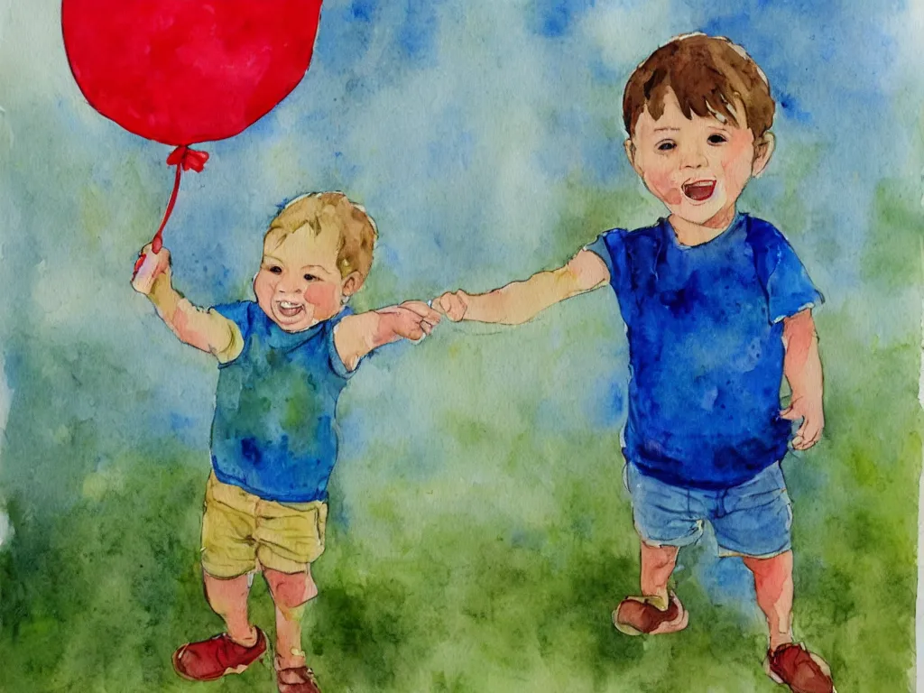 Prompt: a small boy standing and smiling who is proudly holding a large red balloon. watercolor painting