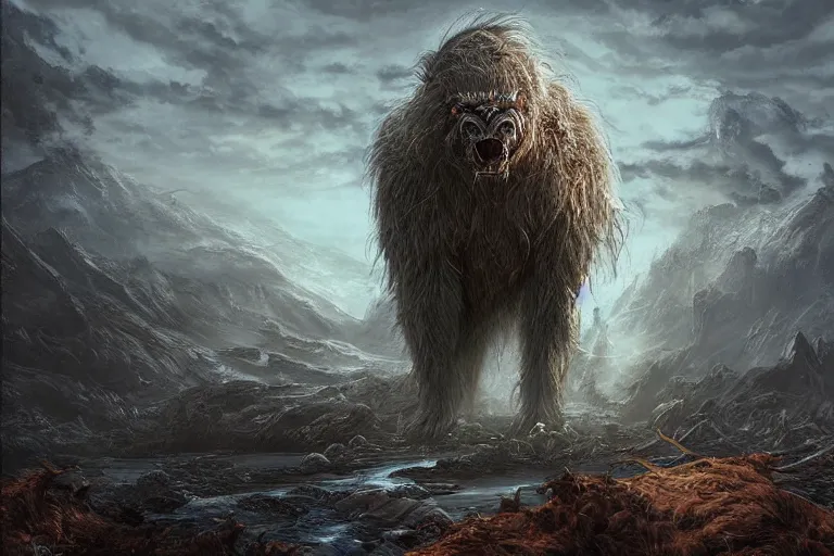 Image similar to highly detailed elden ring portrait photo of a huge furbolg megalophobia in a scenic dystopian environment, hyperrealistic illustration by william didier - pouget
