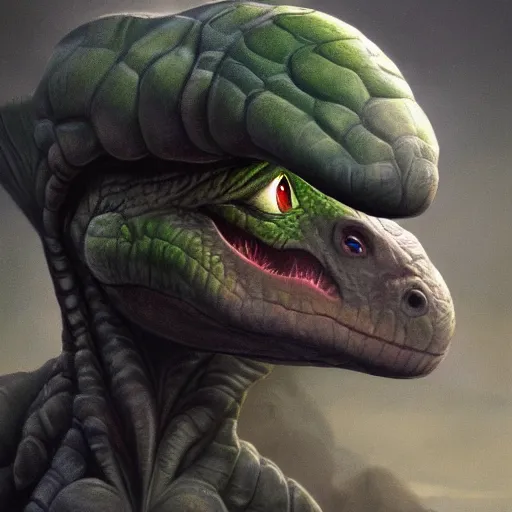 Image similar to An ultra realistic portrait painting of Yoshi the Dinosaur in the style of Frank Frazetta, 4k, Ultrarealistic, Highly Detailed, Dark Fantasy, Epic Lighting