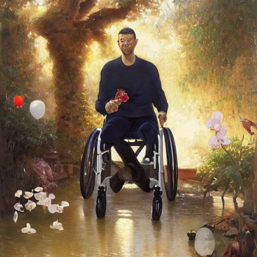 Prompt: handsome portrait of a wheelchair guy fitness posing, radiant light, caustics, war hero, smooth, one legged amputee, reflective koi pond, party balloons, white orchids, mushrooms, lush garden surroundings, by gaston bussiere, bayard wu, greg rutkowski, giger, maxim verehin