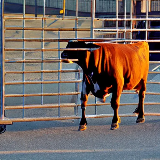 Prompt: cow running from a cage to a freedom light