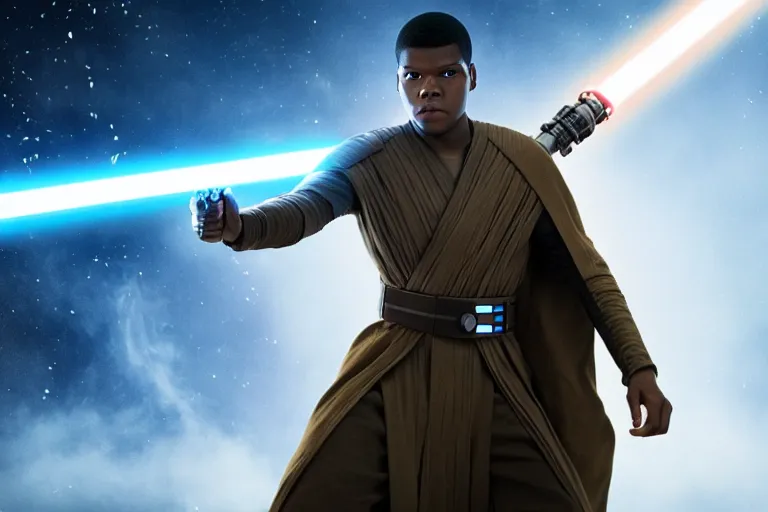 Image similar to Star Wars, Finn played by John Boyega wears jedi robes and wields lightsaber standing alone, full body shot, ultra realistic, 4K, movie still, UHD, sharp, detailed, cinematic, render