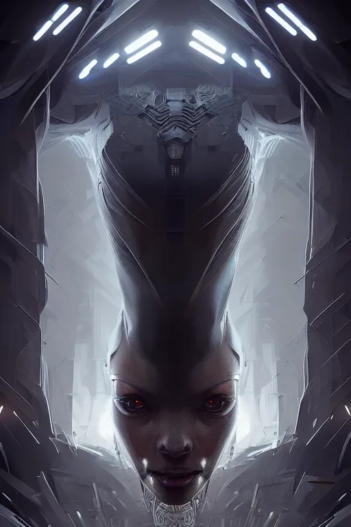 Image similar to professional concept art symmetrical portrait of a horrendous robotic fractal species in a dark room by artgerm and greg rutkowski. an intricate, elegant, highly detailed digital painting, concept art, smooth, sharp focus, illustration, in the style of cam sykes.