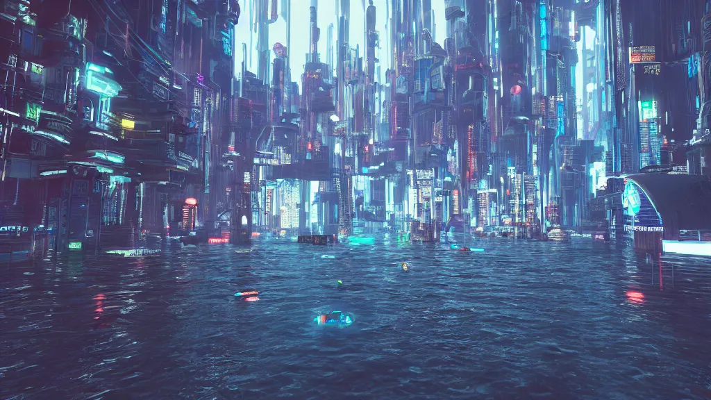 Image similar to cyberpunk city built underwater, made in blender, octane render, cinematic, volumetric lighting, flooded, futuristic,, hyperrealistic, highly detailed, 4 k hd