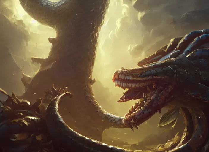 Prompt: giant snake, hearthstone splash art, deiv calviz, splash art, natural light, elegant, intricate, fantasy, atmospheric lighting, by greg rutkowski, hearthstone splash art, hd wallpaper, ultra high details, cinematic composition, professional master piece made in one year