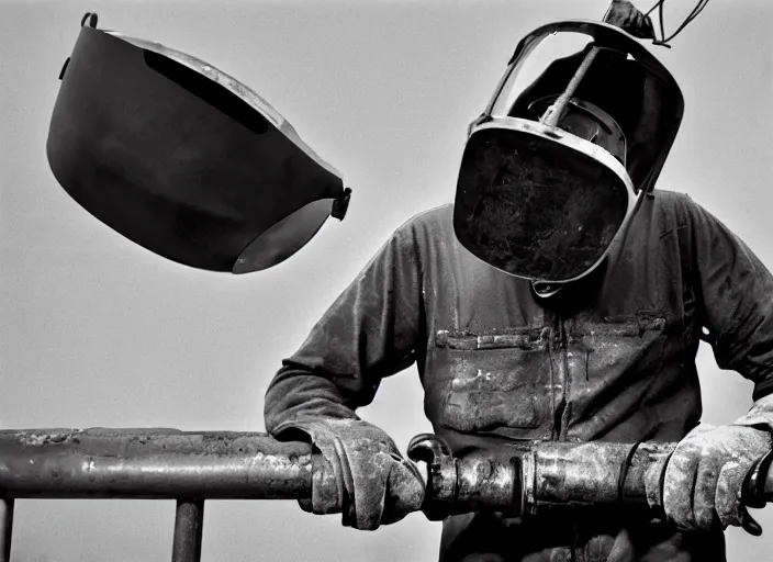 Image similar to welder in welding mask in an abandoned playground, by richard avedon, tri - x pan stock