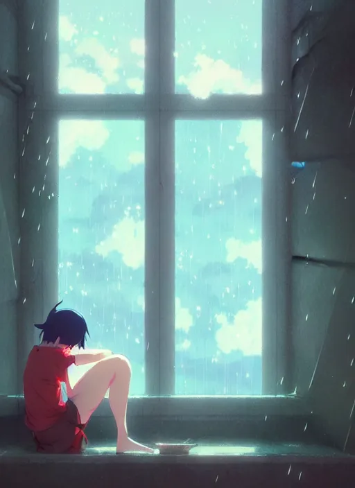 Image similar to interior, near the window, rainy outside, illustration concept art anime key visual trending pixiv fanbox by wlop and greg rutkowski and makoto shinkai and studio ghibli