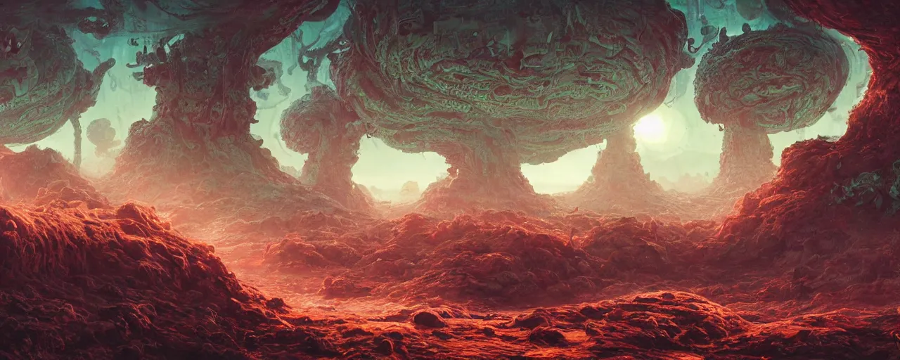 Image similar to ” slimy alien landscape, [ organic, disgusting, cinematic, detailed, epic, widescreen, opening, establishing, mattepainting, photorealistic, realistic textures, octane render, art by slop and paul lehr ] ”