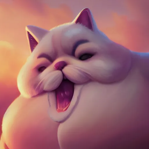 Image similar to a beautiful fat lady cat creature is feeling very very hungry. close - up, beautiful sky, volumetric lighting, sharp focus, ultra detailed, cgsociety