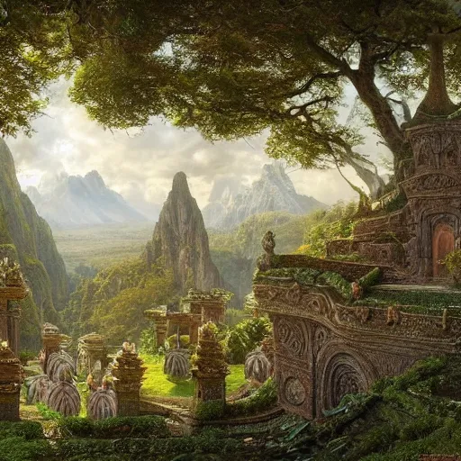 Image similar to a beautiful and highly detailed matte painting of an elven temple in a magical fantasy garden in a lush forest in the mystical mountains, celtic knots, carved runes, intricate details, epic scale, insanely complex, 8 k, sharp focus, hyperrealism, very realistic, by caspar friedrich, albert bierstadt, james gurney, brian froud,