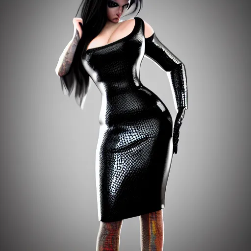 Prompt: curvy feminine hot goth cutie with elegant dark shiny snakeskin leather neck-high dress, mosaic pattern, cgsociety, photorealistic, sublime ambience, idealistic, 16k, smooth, sharp focus, trending on ArtStation, volumetric lighting, fully clothed, worksafe