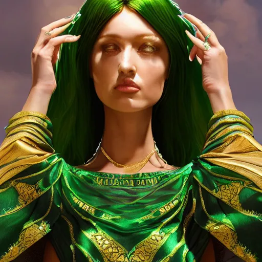 Image similar to a beautiful woman wearing a green and white kaftan made of silk with golden ornaments and diamonds jewelry by alex gray and android jones , Karol Bak, Ayami Kojima, Amano , concept art, character design, fantasy,3D, 8k resolution