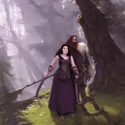 Image similar to hagrid the viking and gothic medieval morticia addams walking in enchanted forest in a sunny day, jodhpurs greg manchess painting by sargent and leyendecker, studio ghibli fantasy medium shot asymmetrical intricate elegant matte painting illustration hearthstone, by greg rutkowski by greg tocchini by james gilleard