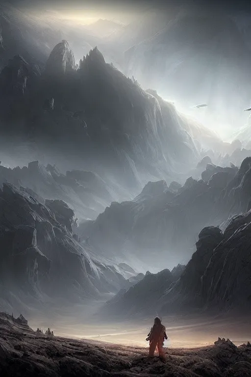 Image similar to concept art, matte painting, dark epic sci fi landscape dawn mist halo, by dawe gabriel and dean roger