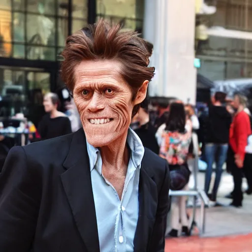 Prompt: willem dafoe in a ghostbusters uniform waiting in line to order coffee