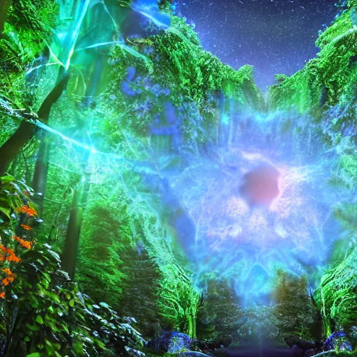 Prompt: A photo realistic green forrest with blue skies, a portal with a blue and orange nebula is showing at the back