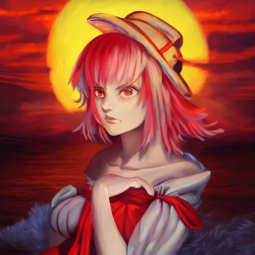 Prompt: Classical oil painting of Flandre Scarlet at sunset by Dan Mumford, beautiful anime portrait, official artwork, stylistic, Touhou character, brush strokes, oil, canvas