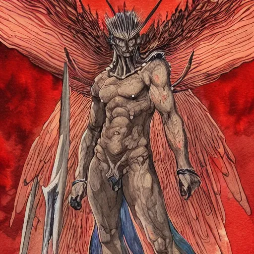 Image similar to a watercolor ink painting of a fallen demonic archangel with a broken halo wielding a jagged broken blade in the style of jean giraud in the style of moebius trending on artstation deviantart pinterest detailed realistic hd 8 k high resolution