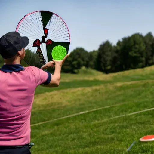 Prompt: a man playing discgolf putting frisbees in pdga innova basket in the style of a baroque painting