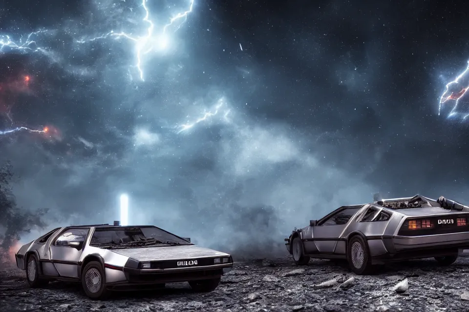 Prompt: ultra realistic delorean dmc 5 on remote ancient highway wreckage in space, dark cinematic, volumetric, realistic, 3 d render, realistic render, cinematic lighting, volumetric lighting, atmospheric, cinematic, unreal engine 5, unreal engine render, octane render, hd, photorealism, hyper realistic, 8 k