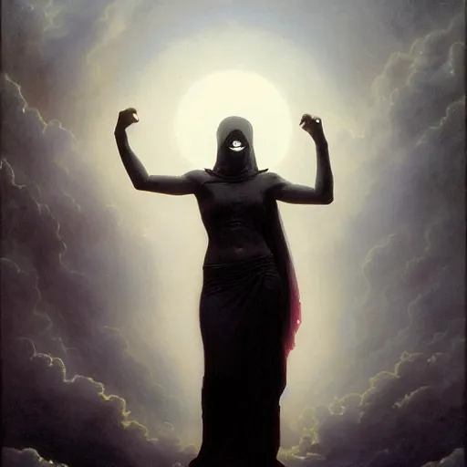 Image similar to awe-inspiring award-winning concept art painting of attractive figure in black shrouds as the goddess of the moonbow, rainbow, by Michael Whelan, William Adolphe Bouguereau, John Williams Waterhouse, and Donato Giancola, cyberpunk, extremely moody lighting, glowing light and shadow, atmospheric, shadowy, cinematic, 8K,