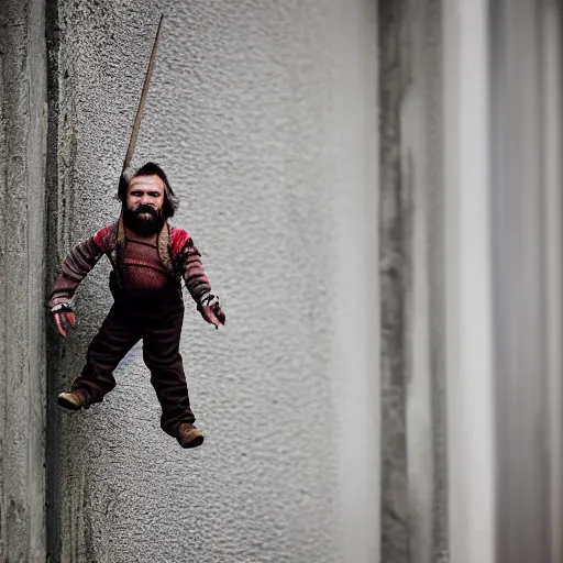 Image similar to close up portrait of dwarf jumping from window, photography realistic detailed, 5 0 mm lens,