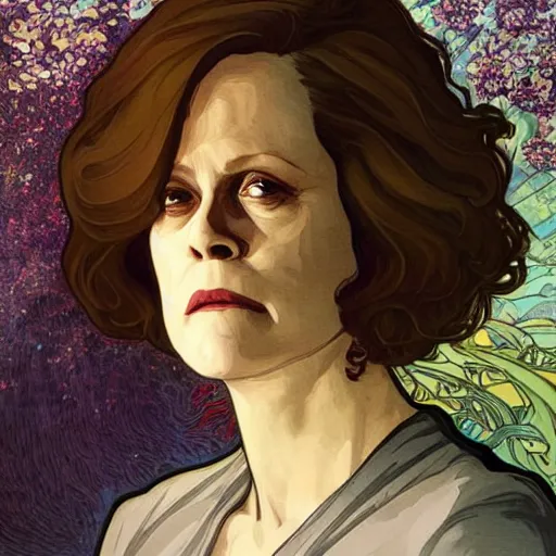 Image similar to sigourney weaver, tired, serious, intelligent, powerful, white hair, fully clothed, wise, beautiful, by alfons mucha, soft lighting, trending on artstation, flat colour