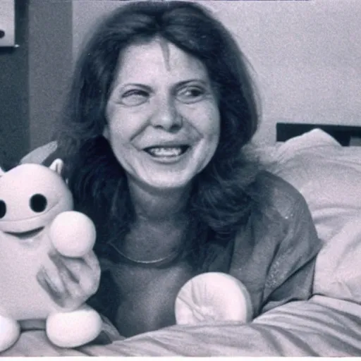 Prompt: happy woman who has given birth to a squishy inflatable toy, in hospital bed, 1974 color Fellini film, archival footage, technicolor film, 16mm, wacky children's tv with anthropomorphic animal