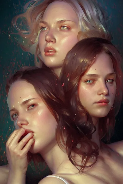 Image similar to three college girls rolling hard on ecstasy glistening with sweat on the bed, realistic portrait, highly detailed, digital painting, artstation, concept art, smooth, sharp focus, illustration, cinematic lighting, art by artgerm and greg rutkowski and alphonse mucha