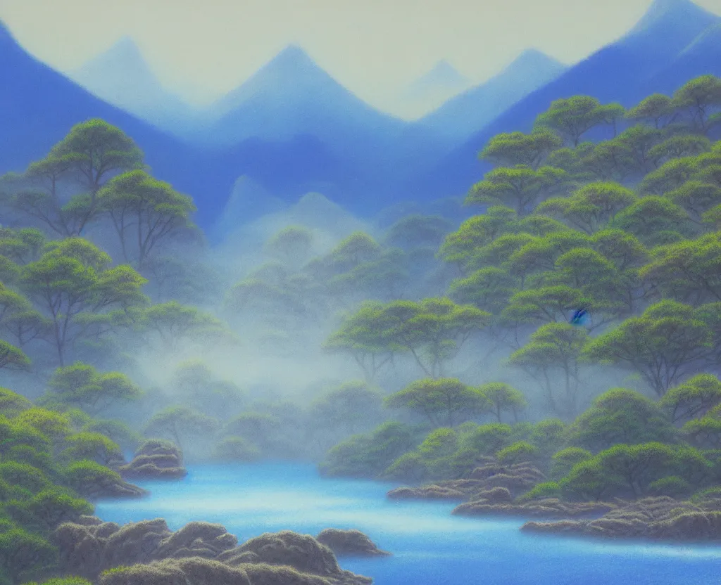 Image similar to a landscape pastel in the style of noriyoshi ohrai of a blue river to some misty mountains in the background. along the river stands stone pillars that reflect in the water. key art. 4 k fantasy