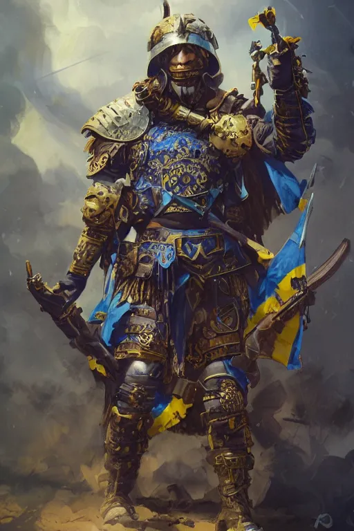 Image similar to shot of a warrior with Ukrainian blue and yellow flag, D&D, handsome, fantasy, intricate, military helmet, pile of skulls in the background, steampunk, elegant, highly detailed, digital painting, artstation, concept art, smooth, sharp focus, illustration, art by artgerm and greg rutkowski and alphonse mucha