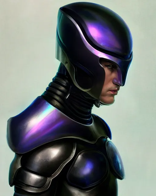 Image similar to character concept of iridescent sinewy smooth muscular male sleek glossy indigo black pearlescent scifi armor with smooth black onyx featureless helmet, by greg rutkowski, mark brookes, jim burns, tom bagshaw, magali villeneuve, trending on artstation