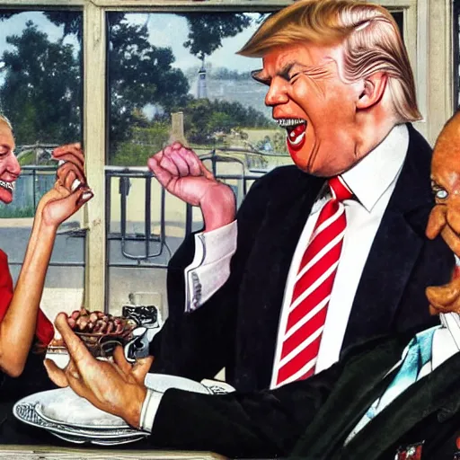 Image similar to smiling trump meets with laughing slaanesh at a diner, style of norman rockwell, 8 k, ultra detailed, photograph, rule of thirds.