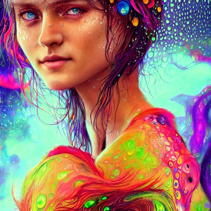 Image similar to bright psychedelic portrait with rain on face and wet hair, wings, smiling, diffuse lighting, fantasy, intricate, elegant, highly detailed, lifelike, photorealistic, digital painting, artstation, illustration, concept art, smooth, sharp focus, art by John Collier and Albert Aublet and Krenz Cushart and Artem Demura and Alphonse Mucha