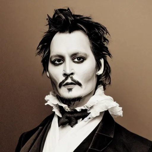 Image similar to old victorian style portrait of johnny depp with a powdered wig and ruffled shirt