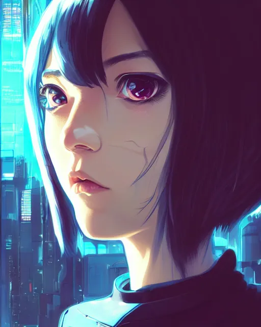 Image similar to a comic potrait of a cyberpunk cyborg girl with big and cute eyes, fine - face, realistic shaded perfect face, fine details. night setting. very anime style. realistic shaded lighting poster by ilya kuvshinov katsuhiro, magali villeneuve, artgerm, jeremy lipkin and michael garmash, rob rey and kentaro miura style, trending on art station