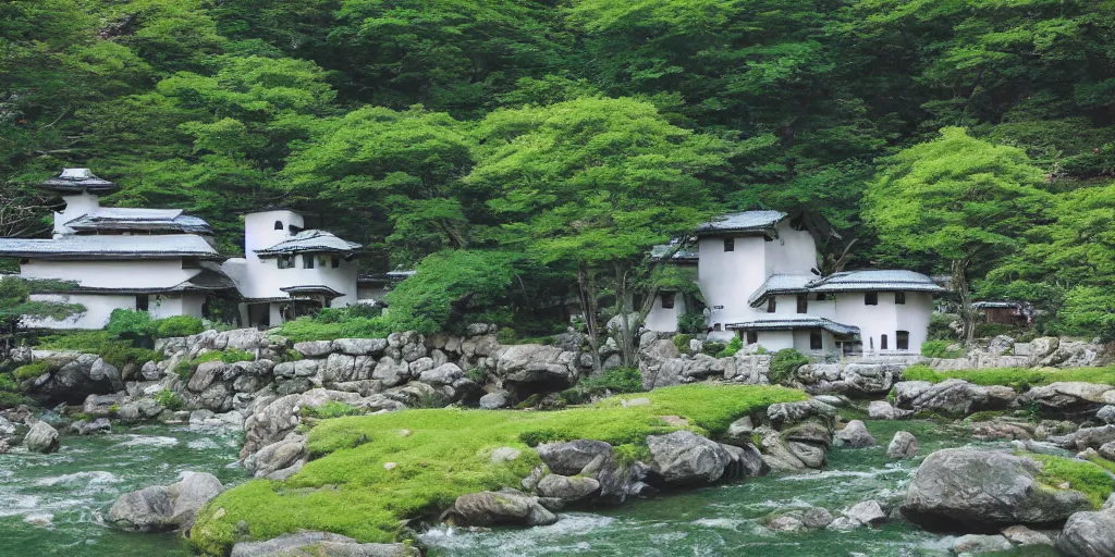 Prompt: a serene landscape with a singular building near a river with rocks at sunshine, ghibli studio