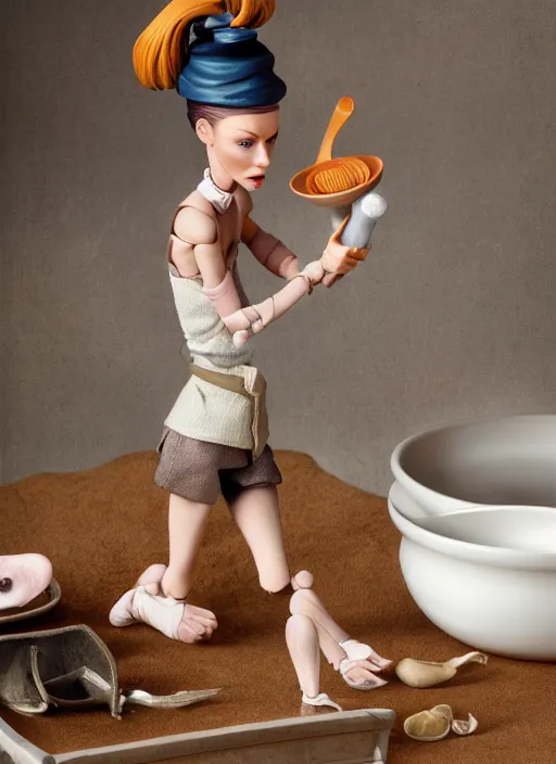 Prompt: product photography of a claymation action figure doutzen kroes doing the dishes, depth of field, zeiss lens, detailed, centered, by nicoletta ceccoli, mark ryden, erwin olaf, earl nore, frank frazetta, breathtaking, 8 k resolution, extremely detailed, beautiful, establishing shot, hyperrealistic