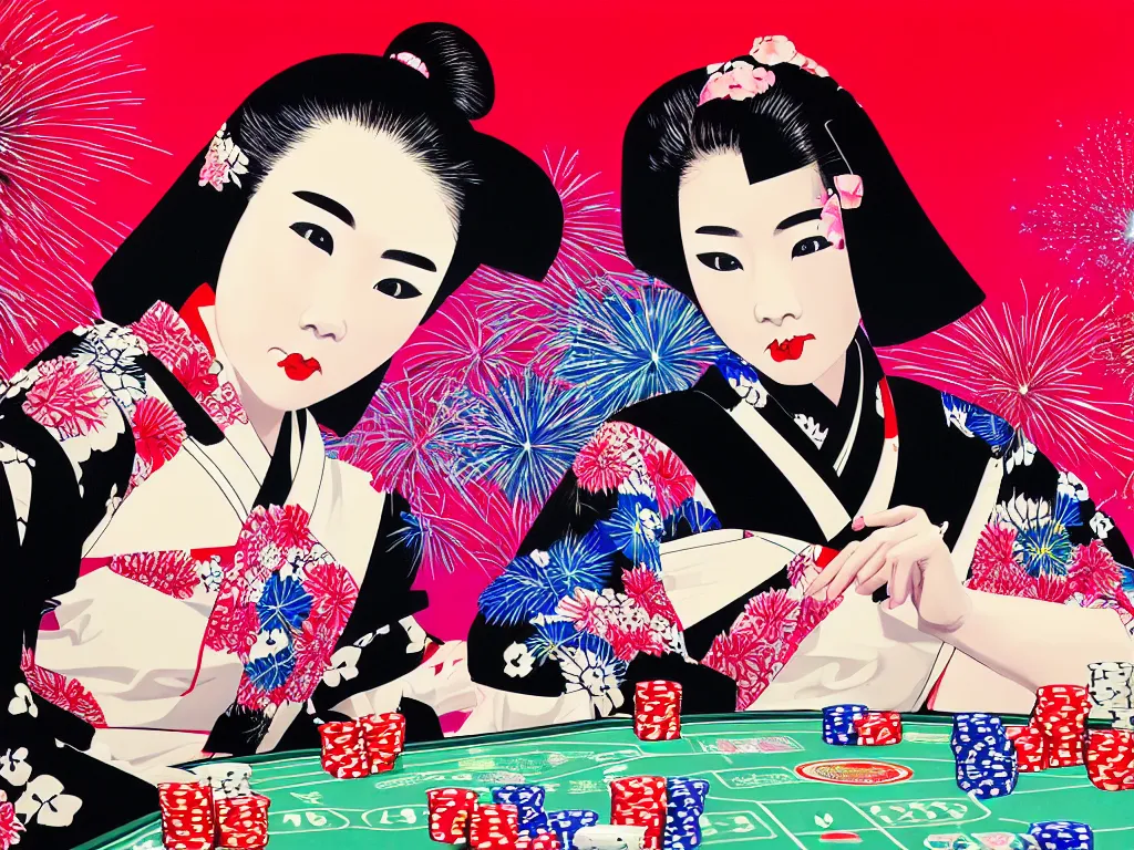 Image similar to hyperrealistic composition of the detailed woman in a japanese kimono sitting at a extremely detailed poker table with detailed darth vader, fireworks, mount fuji on the background, pop - art style, jacky tsai style, andy warhol style, acrylic on canvas