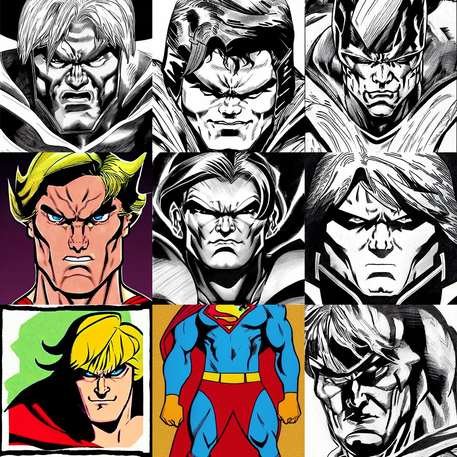 Prompt: he - man!!! jim lee!!! macro face calm!! shot!! flat ink sketch by jim lee face close up headshot superman costume in the style of jim lee, x - men superhero comic book character by jim lee