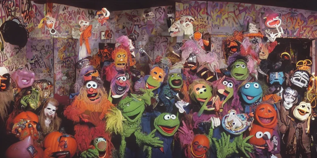 Image similar to jim henson muppet band wearing Halloween masks, 1980s surrealism aesthetic, detailed facial expressions, graffiti on the walls and ceiling